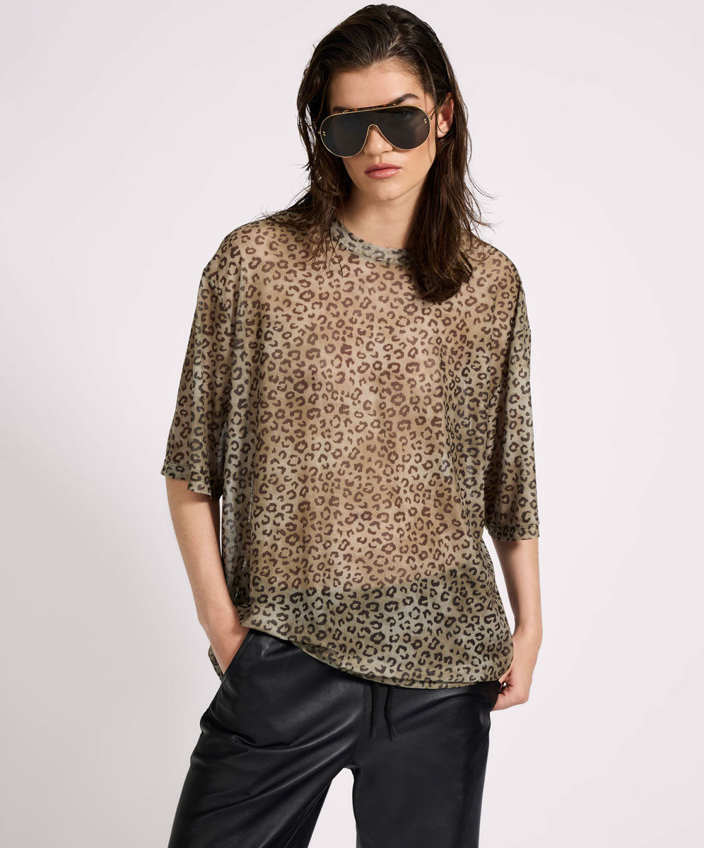  Mesh Striped Oversized Kobe Tee - Khaki Cheetah Print
