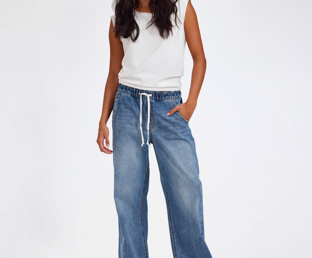 Roadhouse Mid Waist Wide Leg Drawstring Denim Jean - Hoodlum Blue