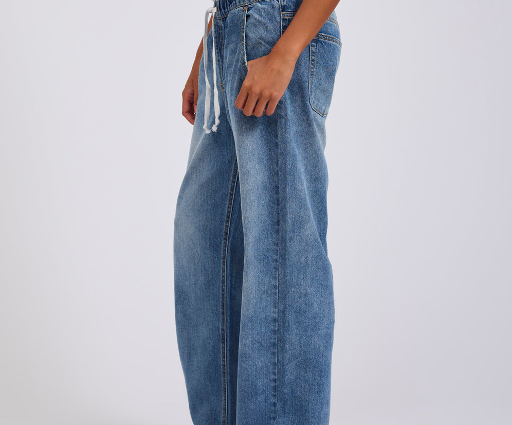 Roadhouse Mid Waist Wide Leg Drawstring Denim Jean - Hoodlum Blue