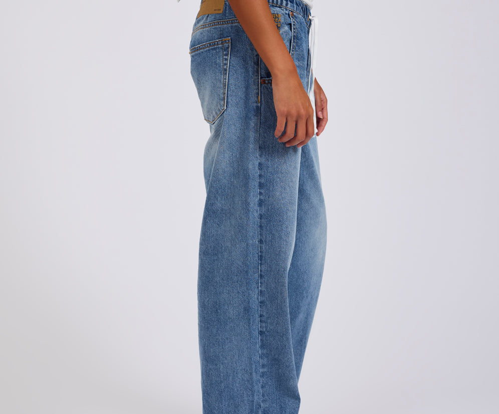 Roadhouse Mid Waist Wide Leg Drawstring Denim Jean - Hoodlum Blue