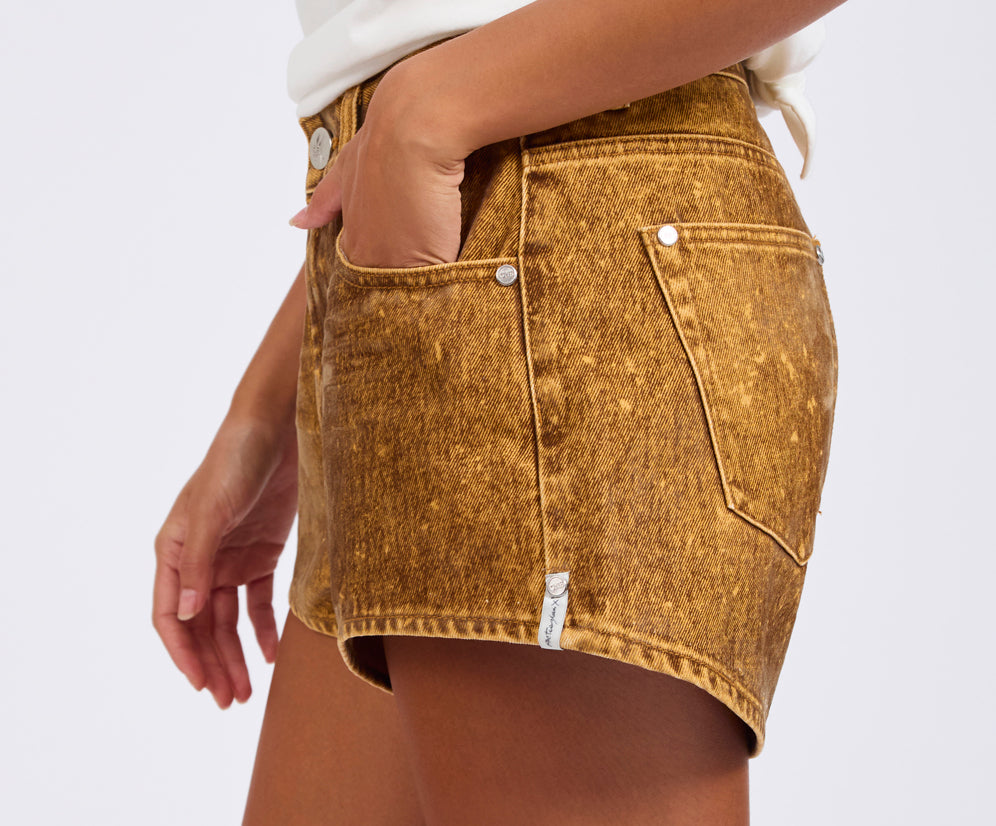 Truckers Mid Waist Relaxed Flocked Denim Shorts - Burnt Tobacco