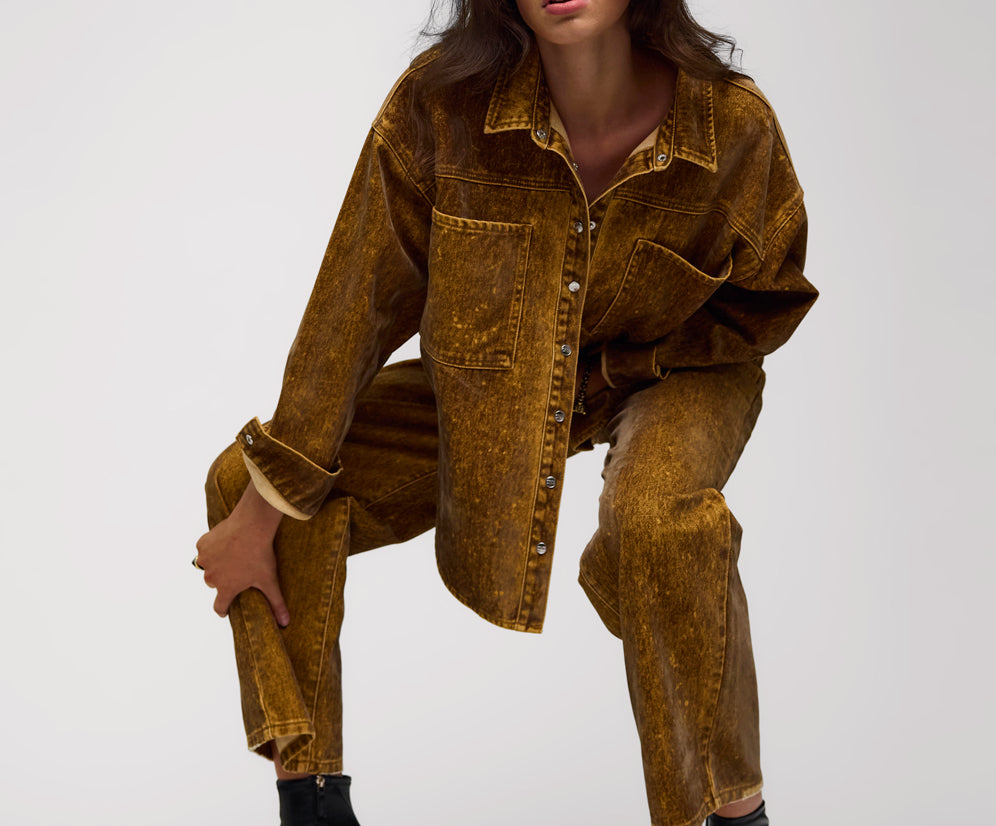 Daria Flocked Denim Shacket - Burnt Tobacco