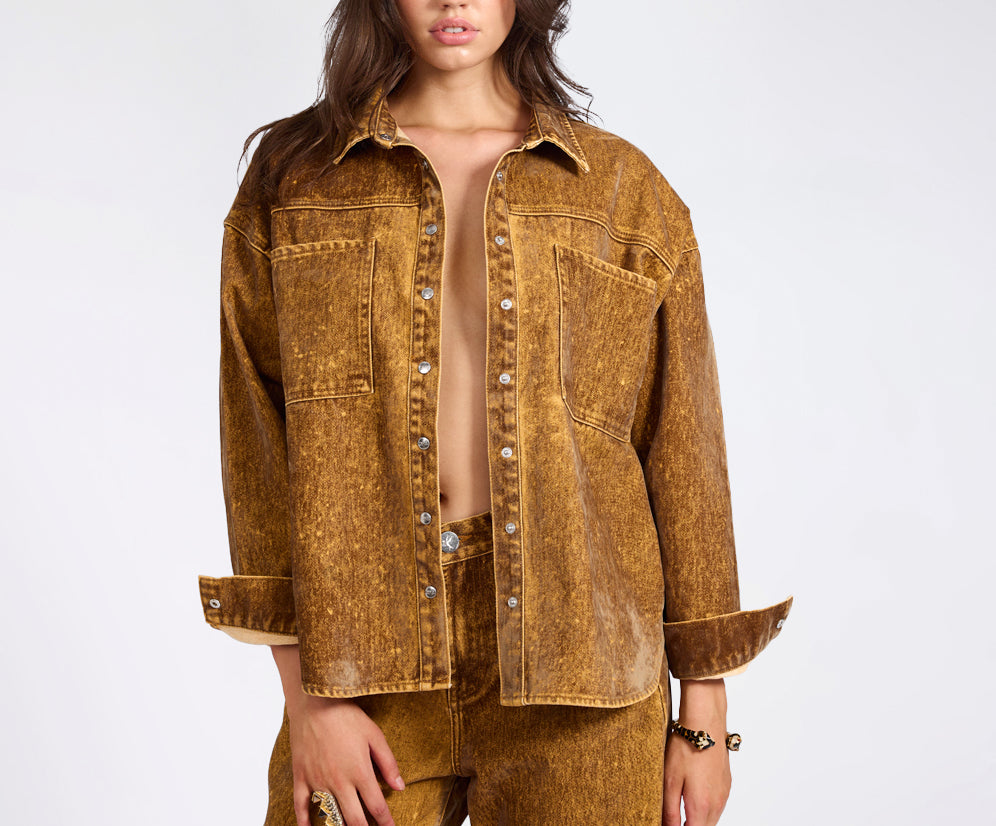 Daria Flocked Denim Shacket - Burnt Tobacco