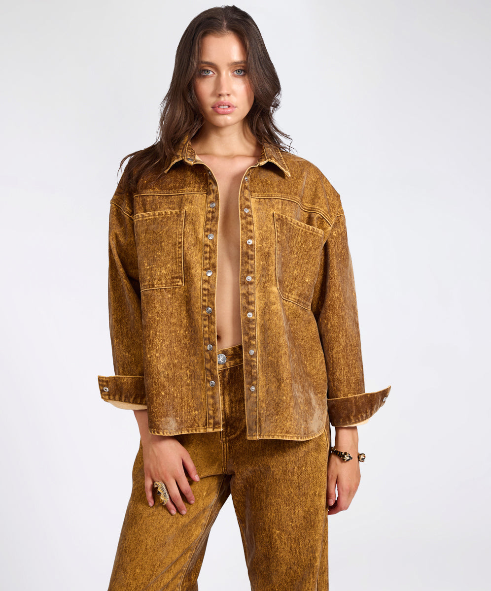 Denim Jackets Daria Flocked Denim Shacket - Burnt Tobacco