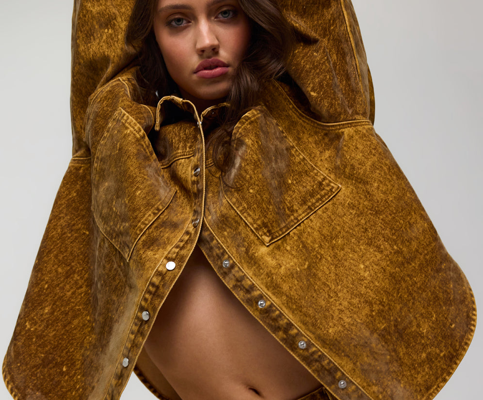 Daria Flocked Denim Shacket - Burnt Tobacco