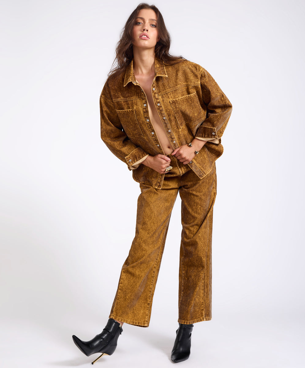 Denim Jackets Daria Flocked Denim Shacket - Burnt Tobacco