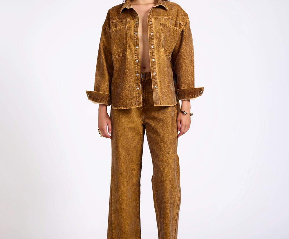 Daria Flocked Denim Shacket - Burnt Tobacco