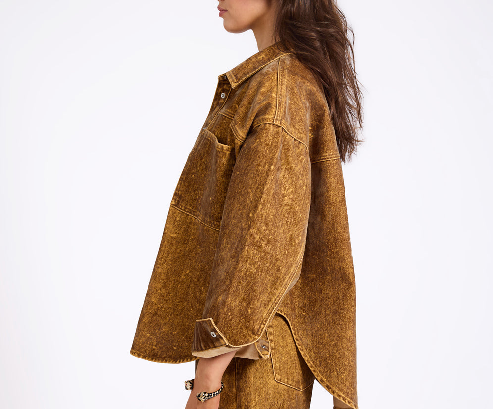 Daria Flocked Denim Shacket - Burnt Tobacco