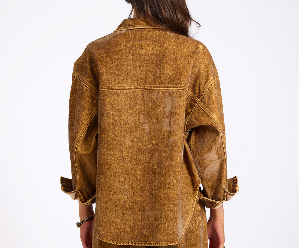Daria Flocked Denim Shacket - Burnt Tobacco