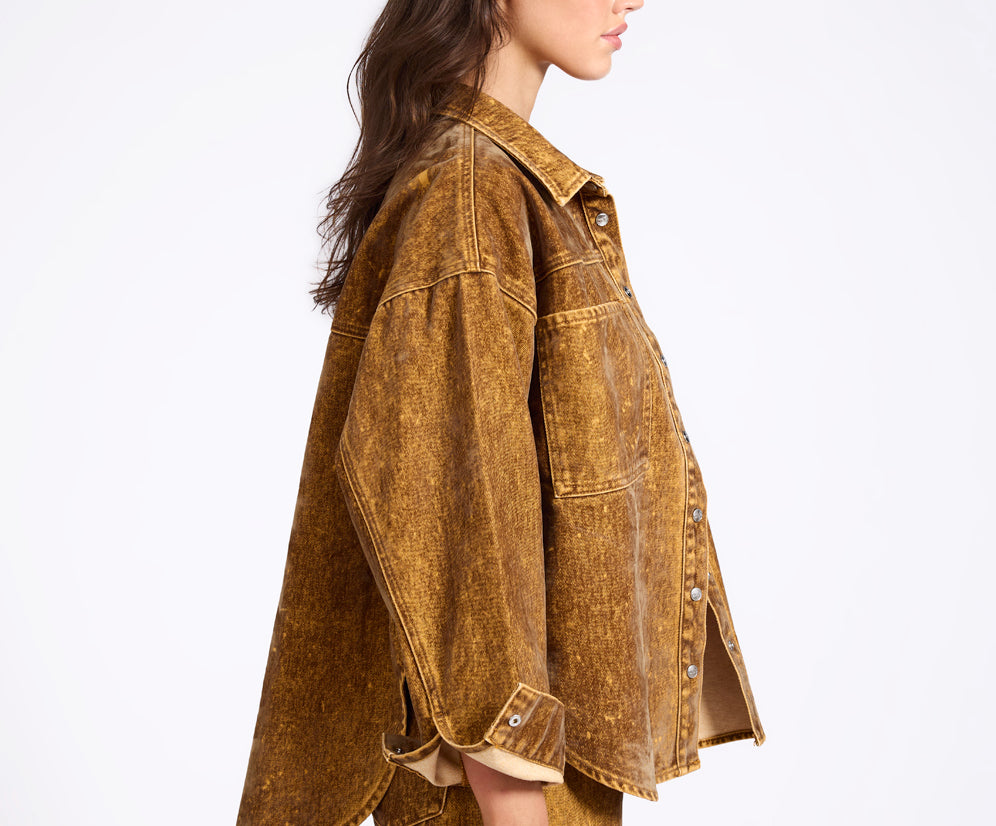 Daria Flocked Denim Shacket - Burnt Tobacco