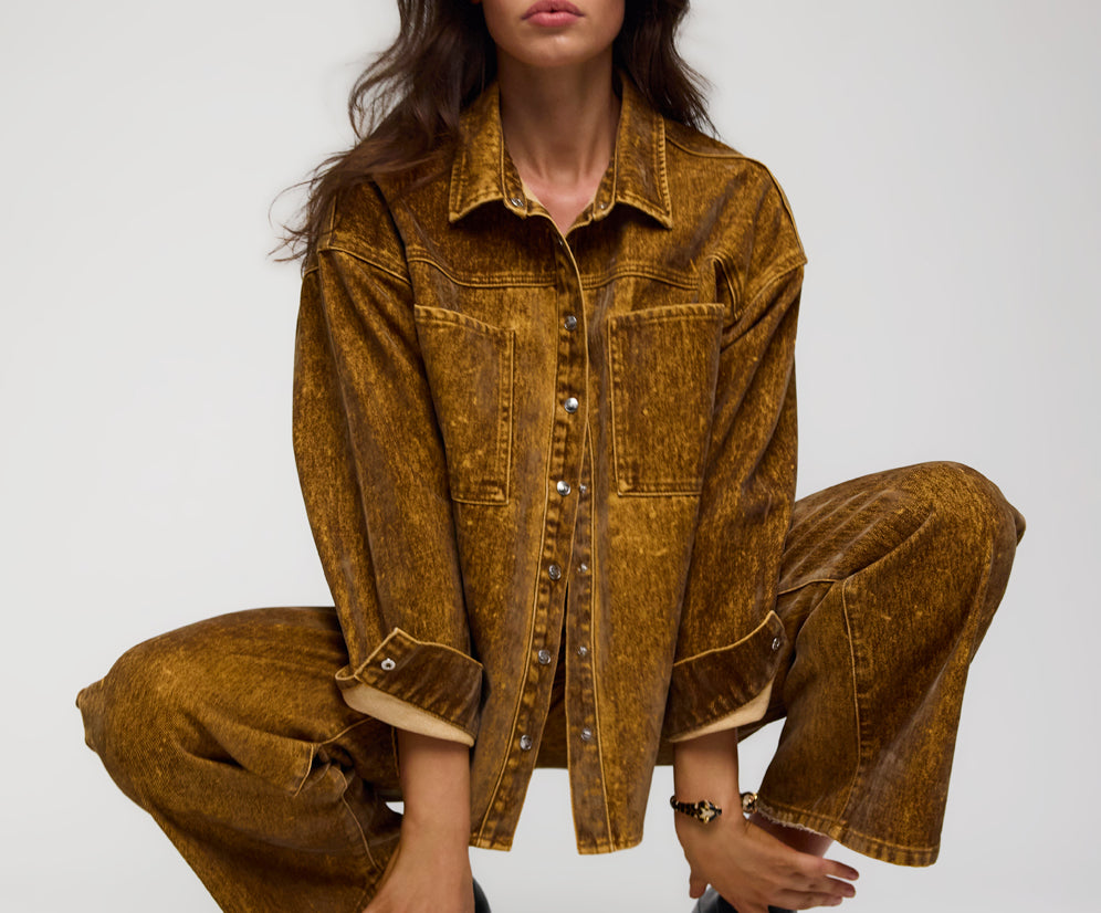Daria Flocked Denim Shacket - Burnt Tobacco