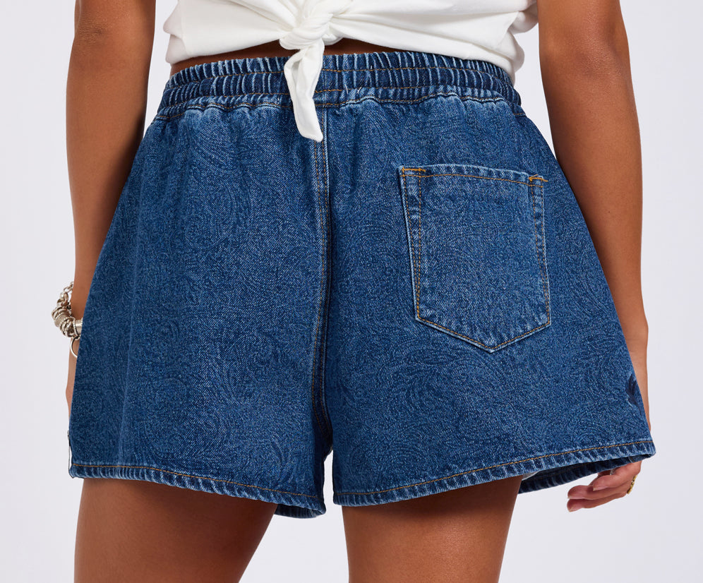Boxer Drawstring Waist Denim Shorts - Blue Paisley