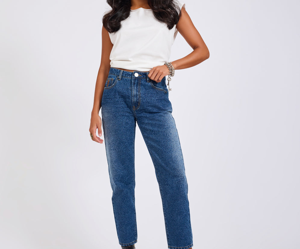 Slims High Waist Cropped Slim Fit Denim Jeans - Blue Paisley