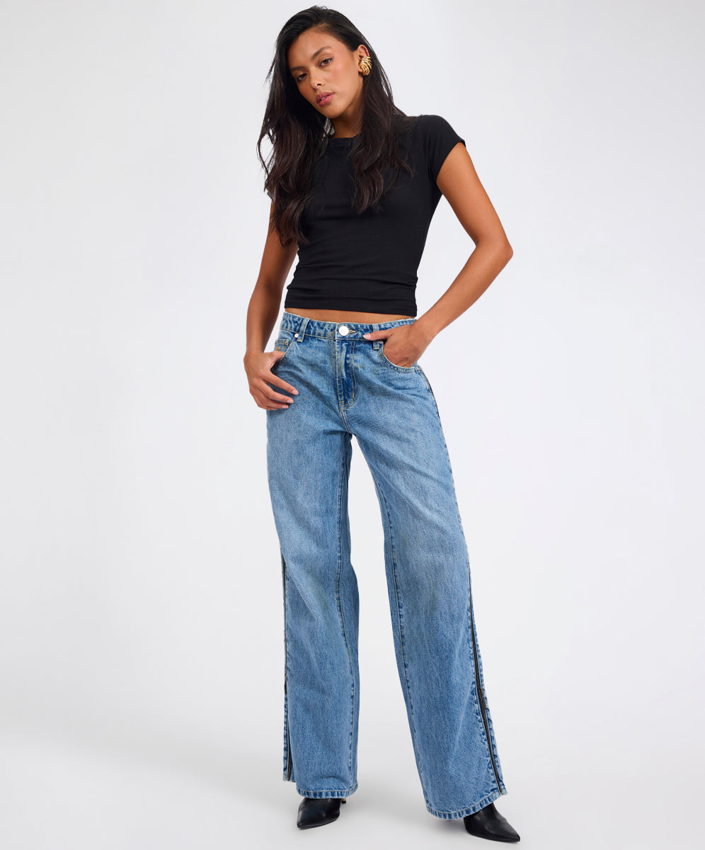 Products Low Riders Low Waist Wide Leg Zipped Denim Jeans - Pretty Blue