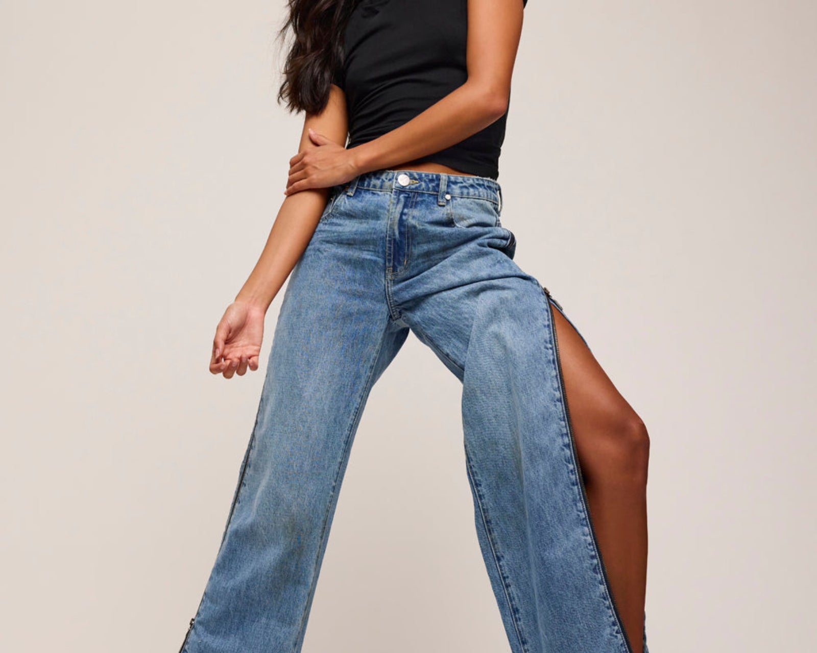 Low Riders Low Waist Wide Leg Zipped Denim Jeans - Pretty Blue