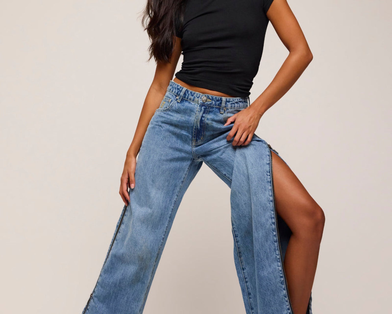 Low Riders Low Waist Wide Leg Zipped Denim Jeans - Pretty Blue