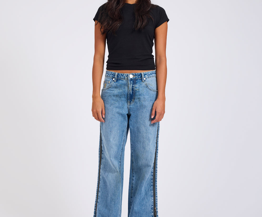 Low Riders Low Waist Wide Leg Zipped Denim Jeans - Pretty Blue