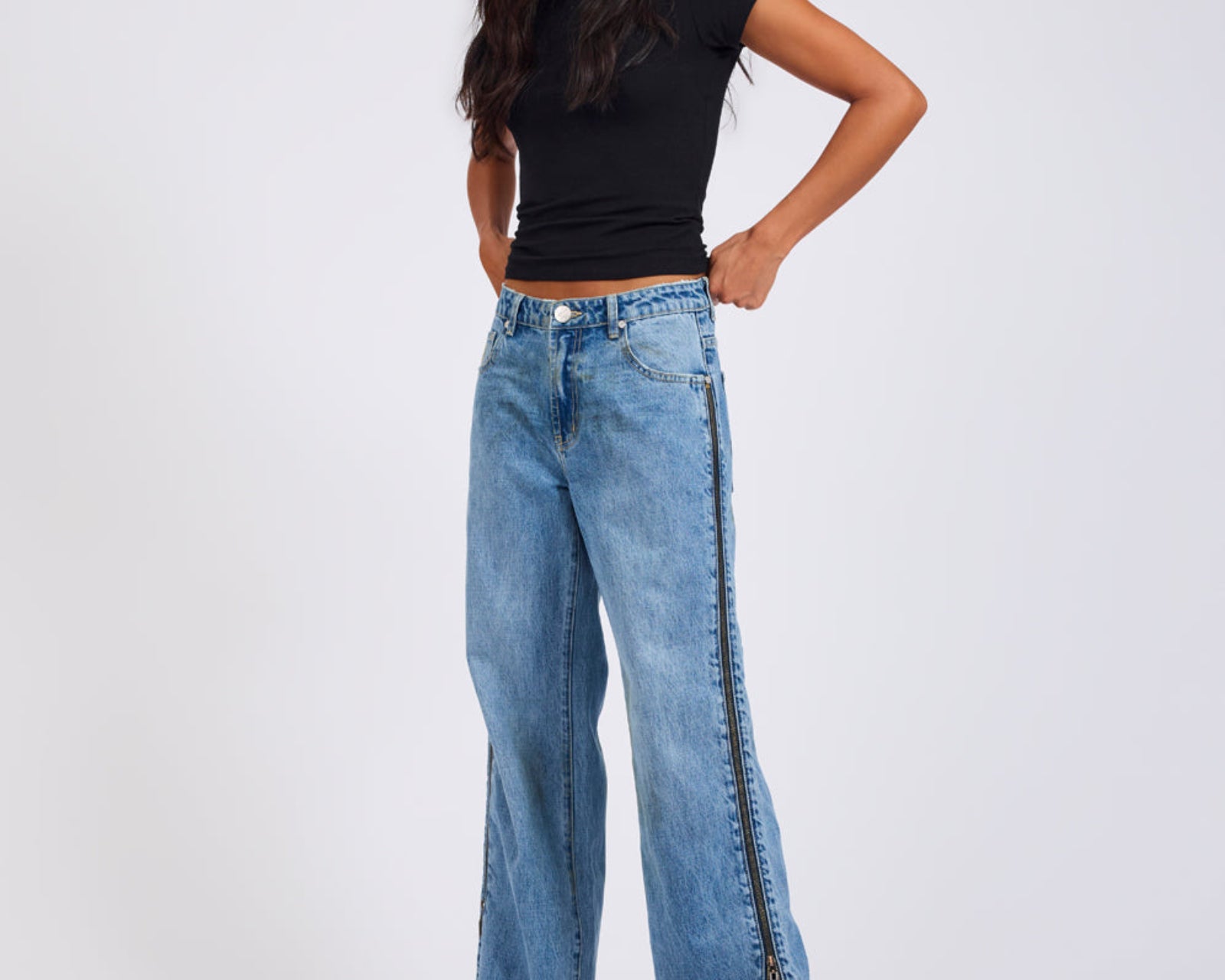 Low Riders Low Waist Wide Leg Zipped Denim Jeans - Pretty Blue