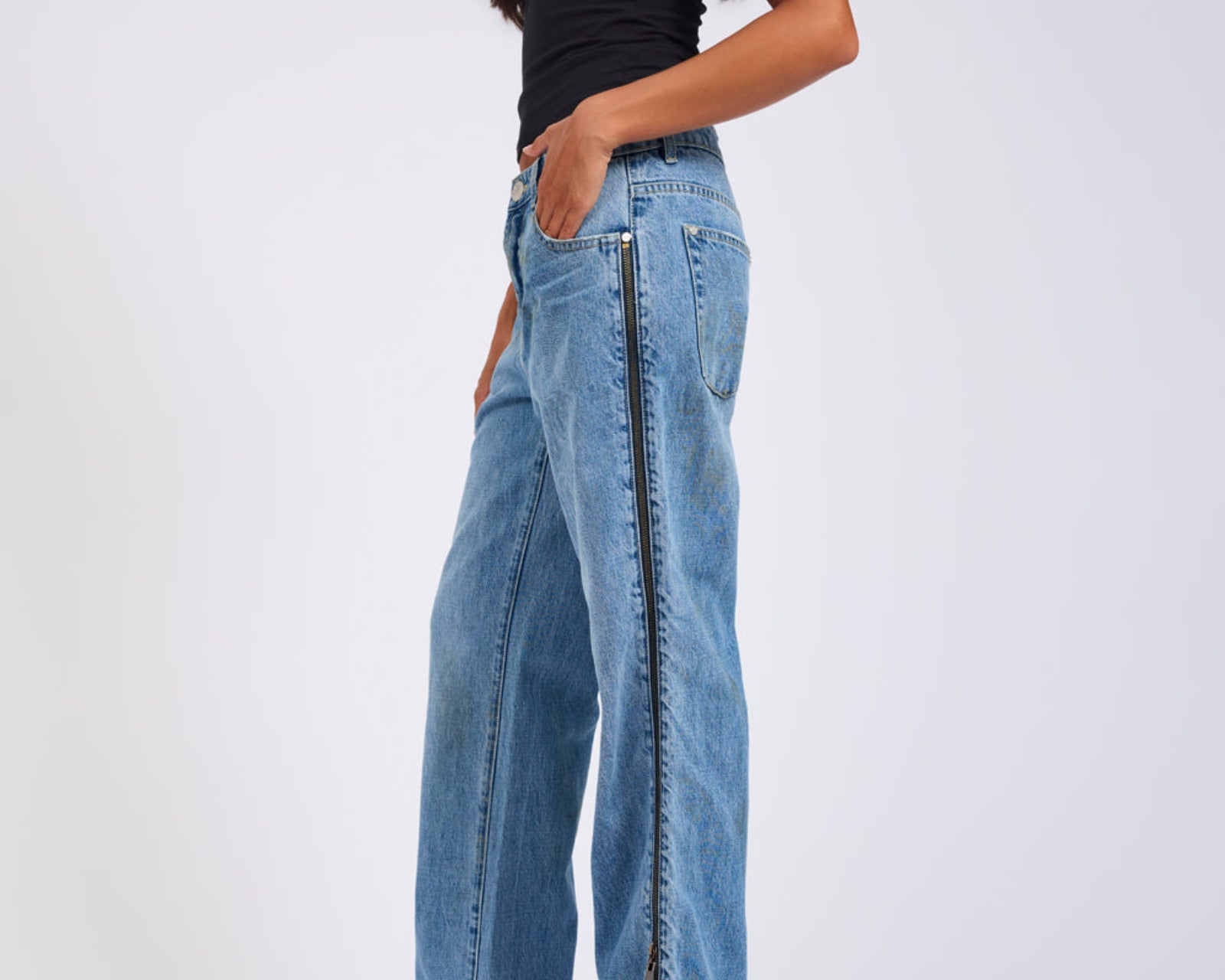 Low Riders Low Waist Wide Leg Zipped Denim Jeans - Pretty Blue