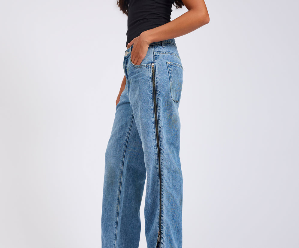 Low Riders Low Waist Wide Leg Zipped Denim Jeans - Pretty Blue