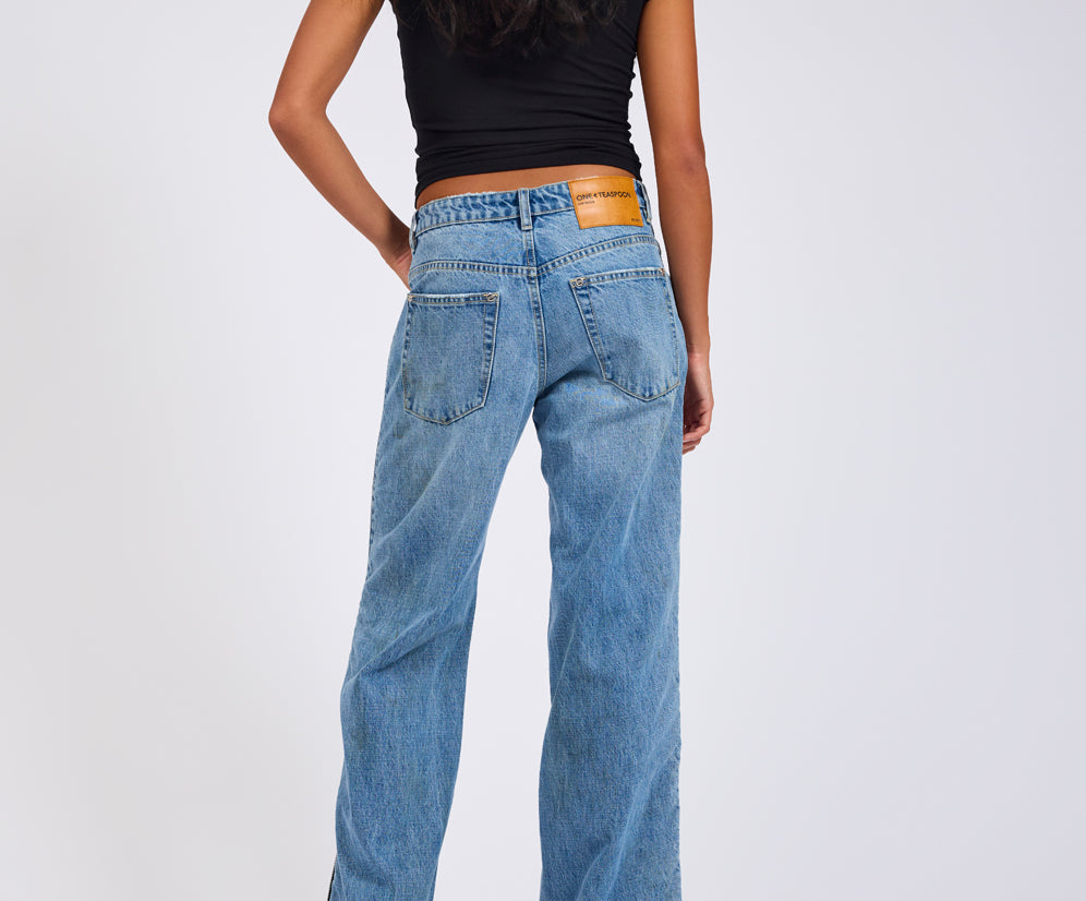 Low Riders Low Waist Wide Leg Zipped Denim Jeans - Pretty Blue