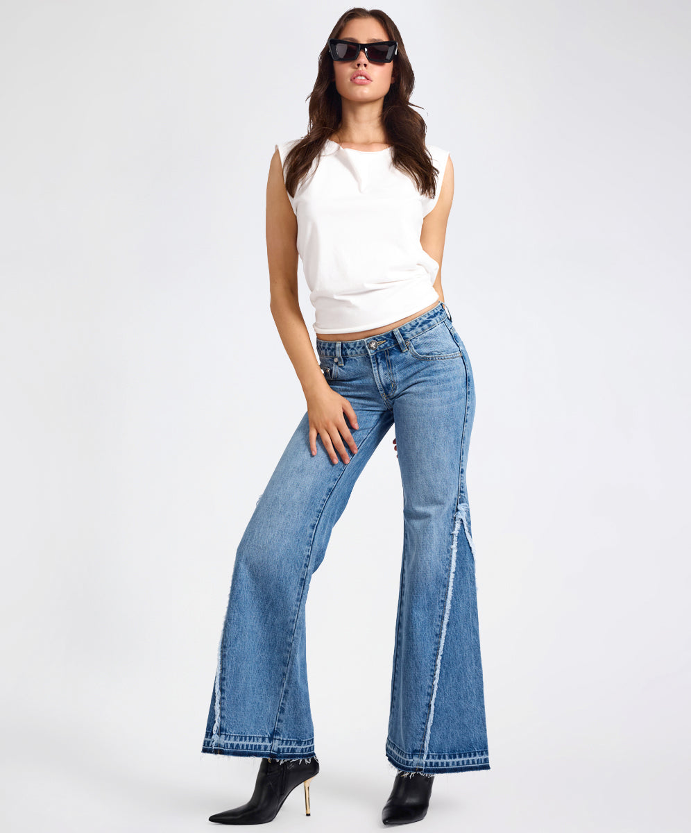 Johnnies Low Waist Wide Leg Flared Denim Jeans - Pretty Blue | One