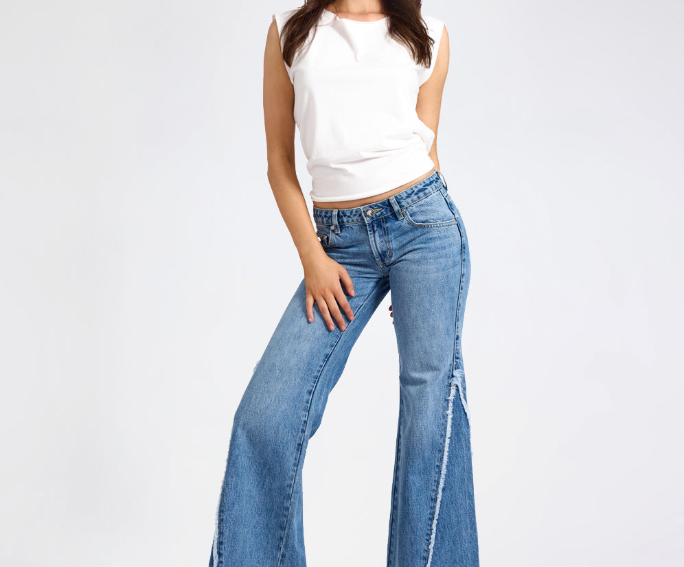 Johnnies Low Waist Wide Leg Flared Denim Jeans - Pretty Blue