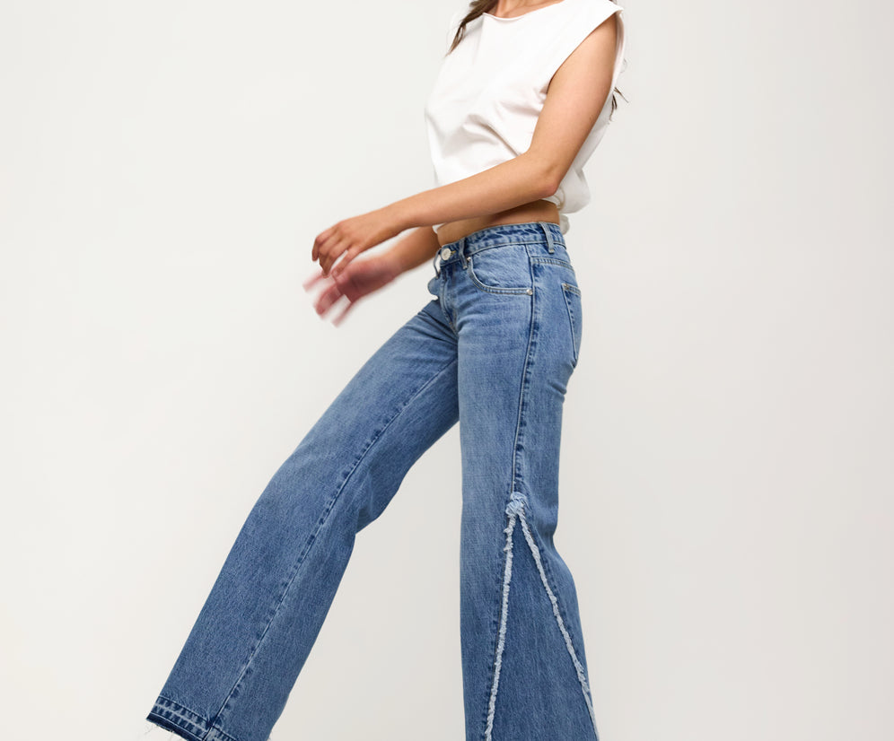 Johnnies Low Waist Wide Leg Flared Denim Jeans - Pretty Blue