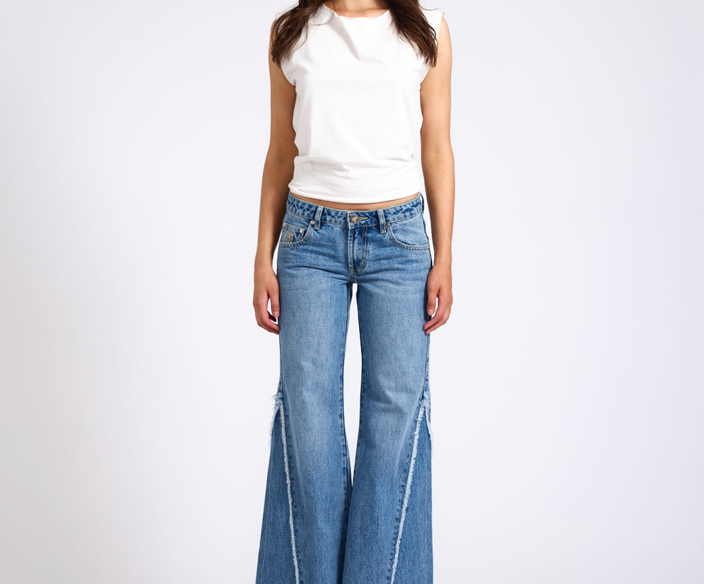 Johnnies Low Waist Wide Leg Flared Denim Jeans - Pretty Blue