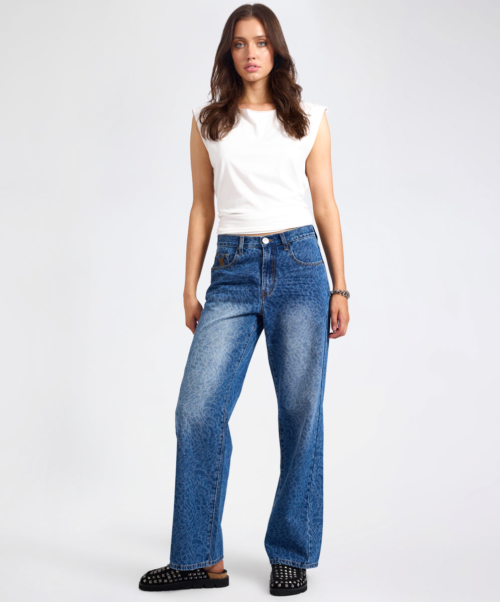 Rebel In Bloom Jackson Mid Waist Wide Leg Denim Jeans - Blue Animal