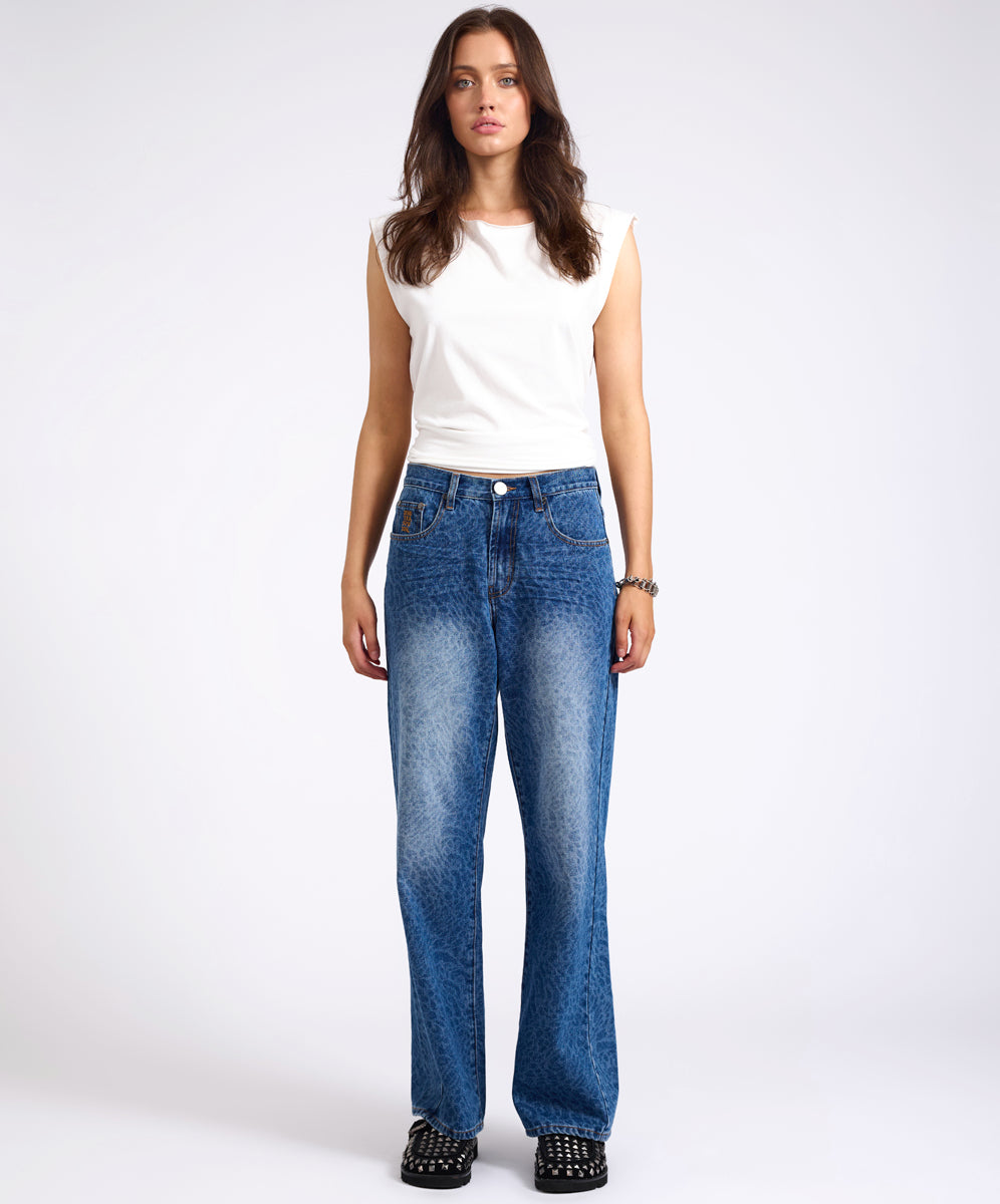 Rebel In Bloom Jackson Mid Waist Wide Leg Denim Jeans - Blue Animal