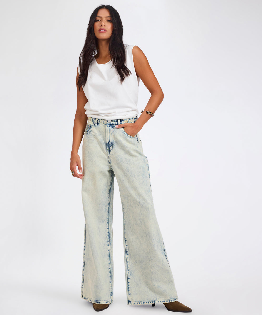 Products Love Machines Mid Waist Super Wide Leg Denim Jeans - Ambrosia Blue
