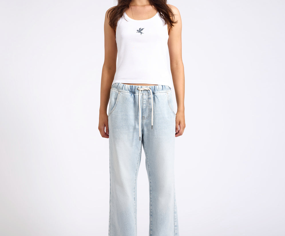 Roadhouse Mid Waist Wide Leg Drawstring Denim Jean - Blue Latte