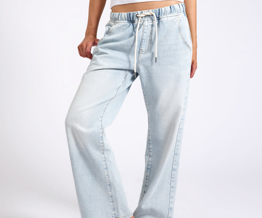 Roadhouse Mid Waist Wide Leg Drawstring Denim Jean - Blue Latte