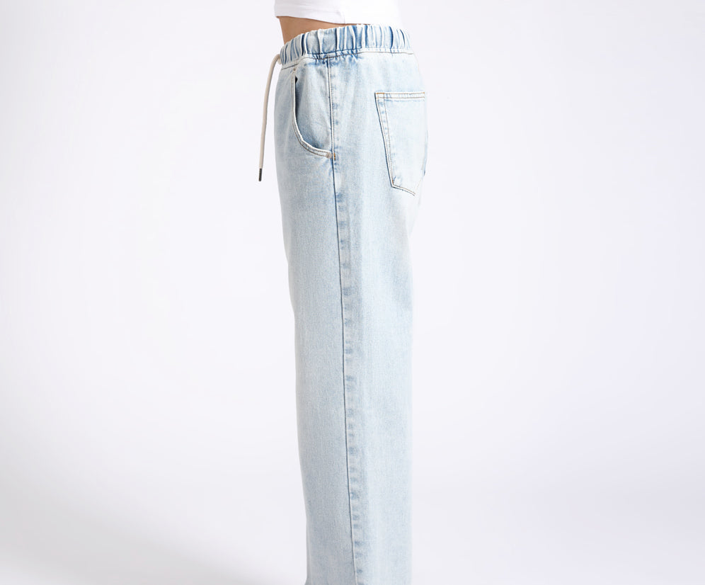 Roadhouse Mid Waist Wide Leg Drawstring Denim Jean - Blue Latte