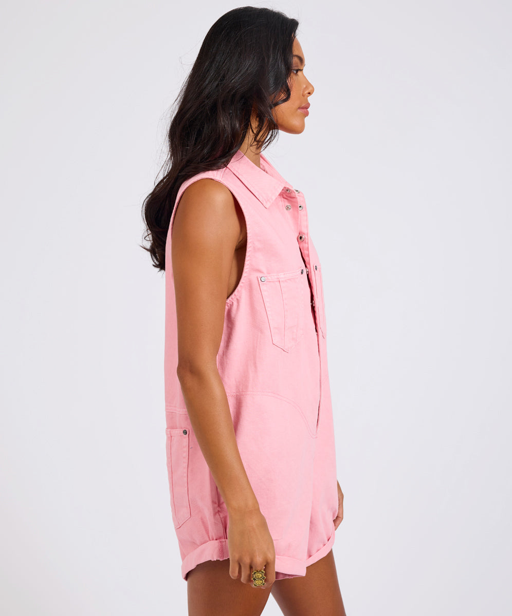 Braxton Mini Utility Denim Jumpsuit - Prism Pink | One Teaspoon