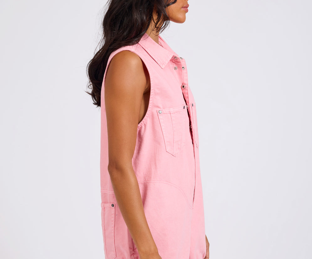 Braxton Mini Utility Denim Jumpsuit - Prism Pink