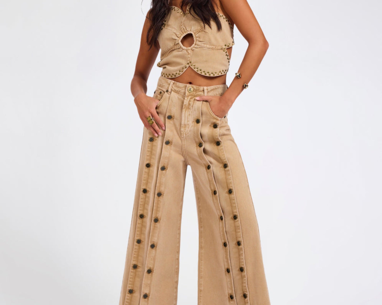 Hollywoods High Waist Wide Leg Denim Jeans - Warm Tan