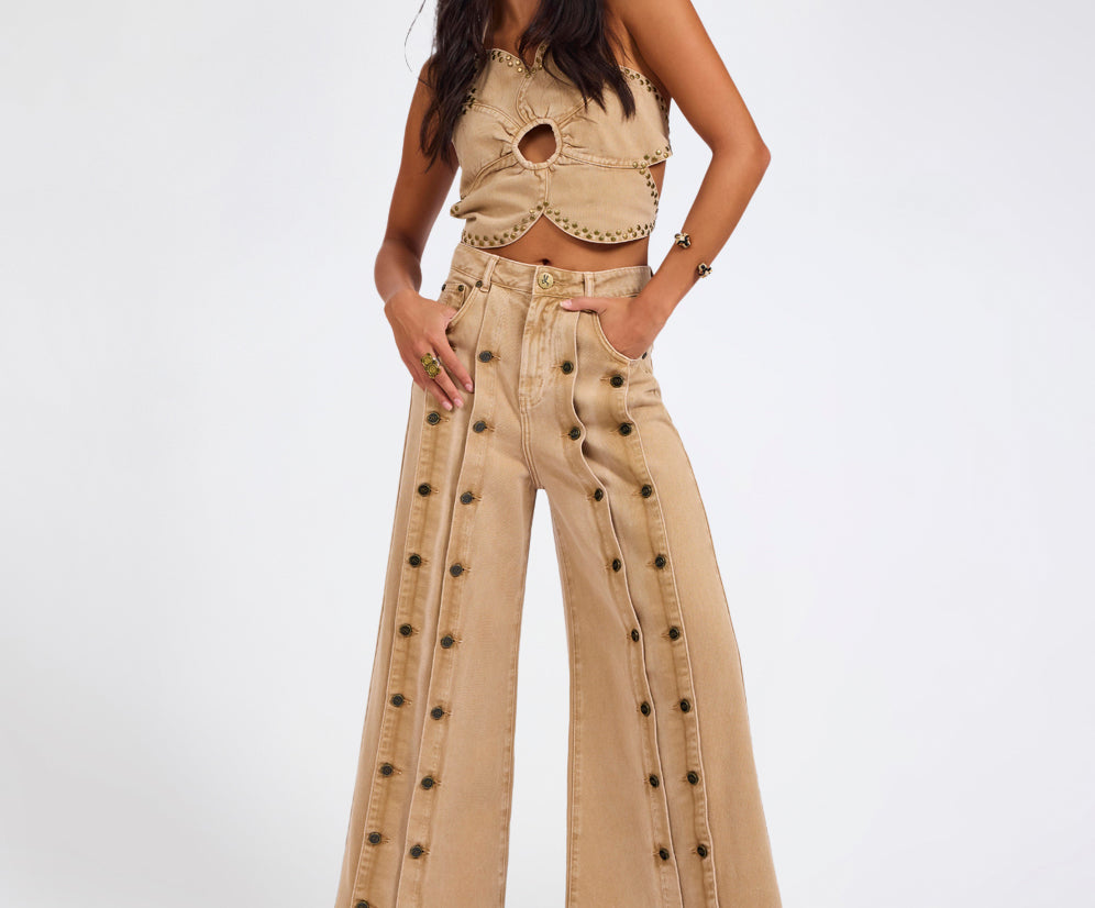 Hollywoods High Waist Wide Leg Denim Jeans - Warm Tan