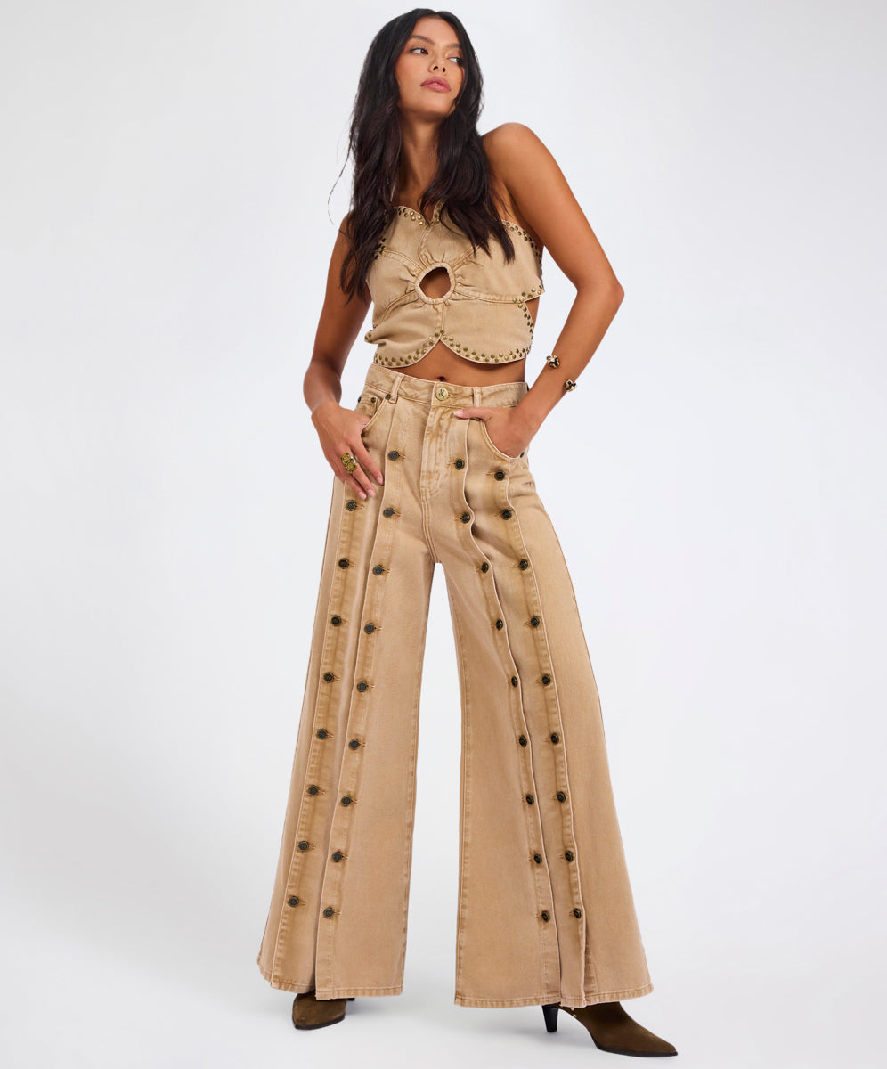 Products Hollywoods High Waist Wide Leg Denim Jeans - Warm Tan