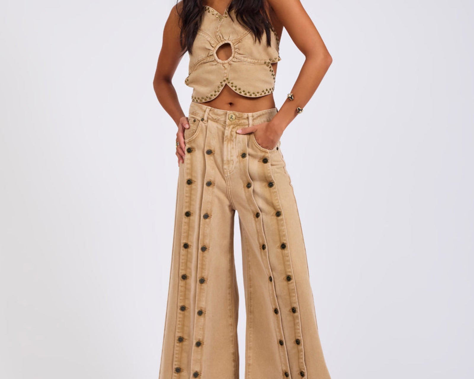 Hollywoods High Waist Wide Leg Denim Jeans - Warm Tan