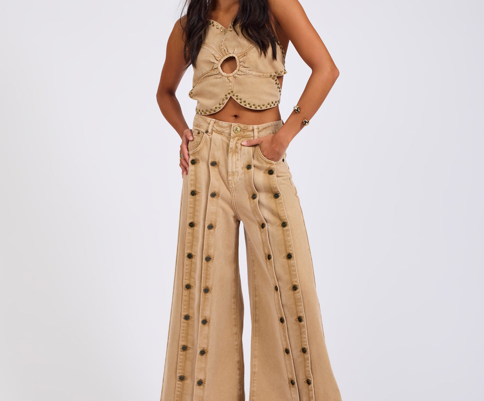Hollywoods High Waist Wide Leg Denim Jeans - Warm Tan
