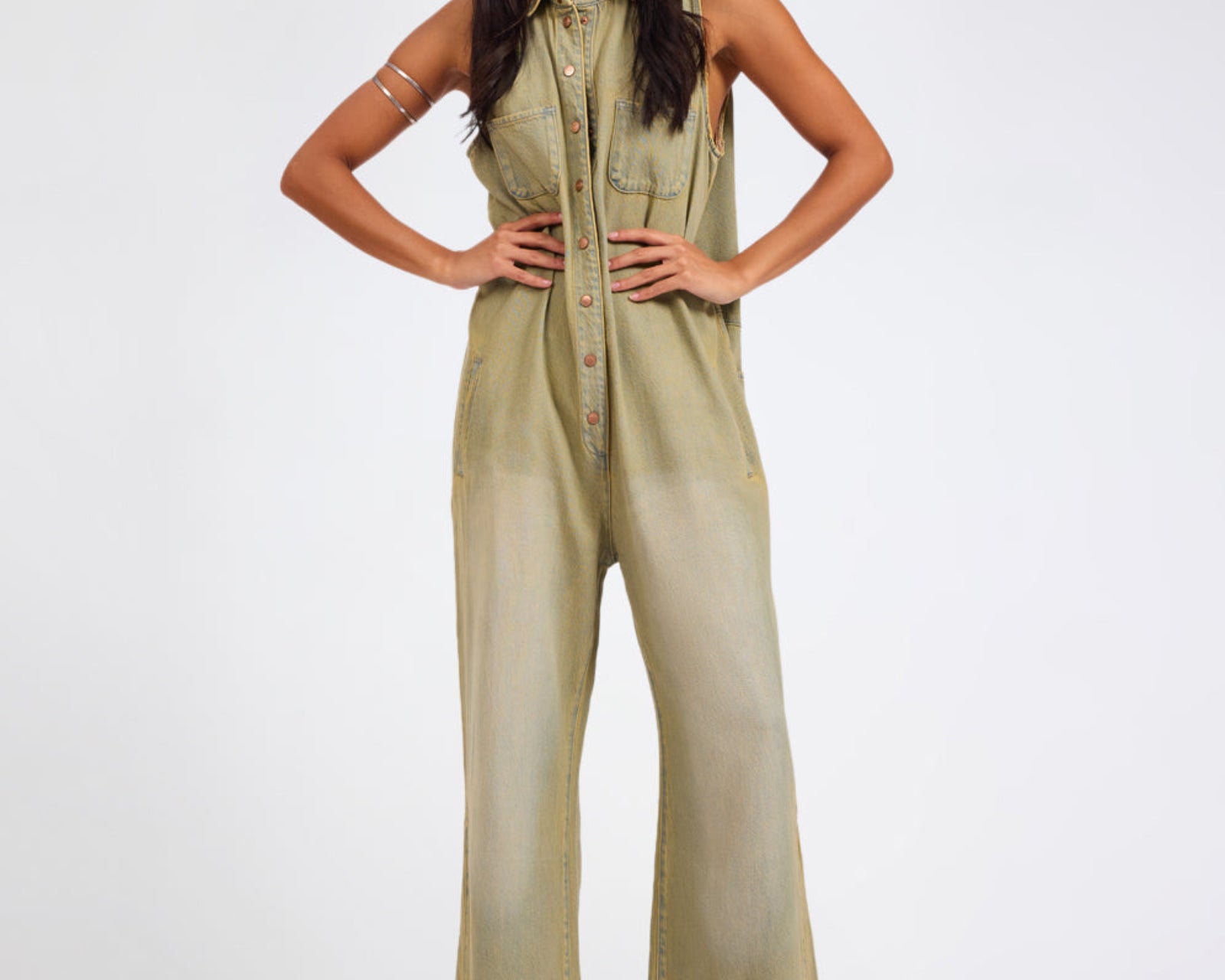 Braxton Wide Leg Long Length Denim Jumpsuit - Warm Khaki
