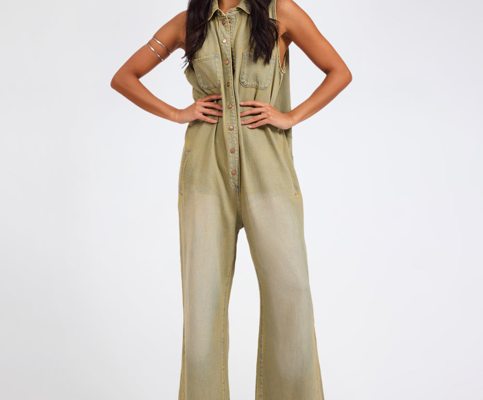 Braxton Wide Leg Long Length Denim Jumpsuit - Warm Khaki