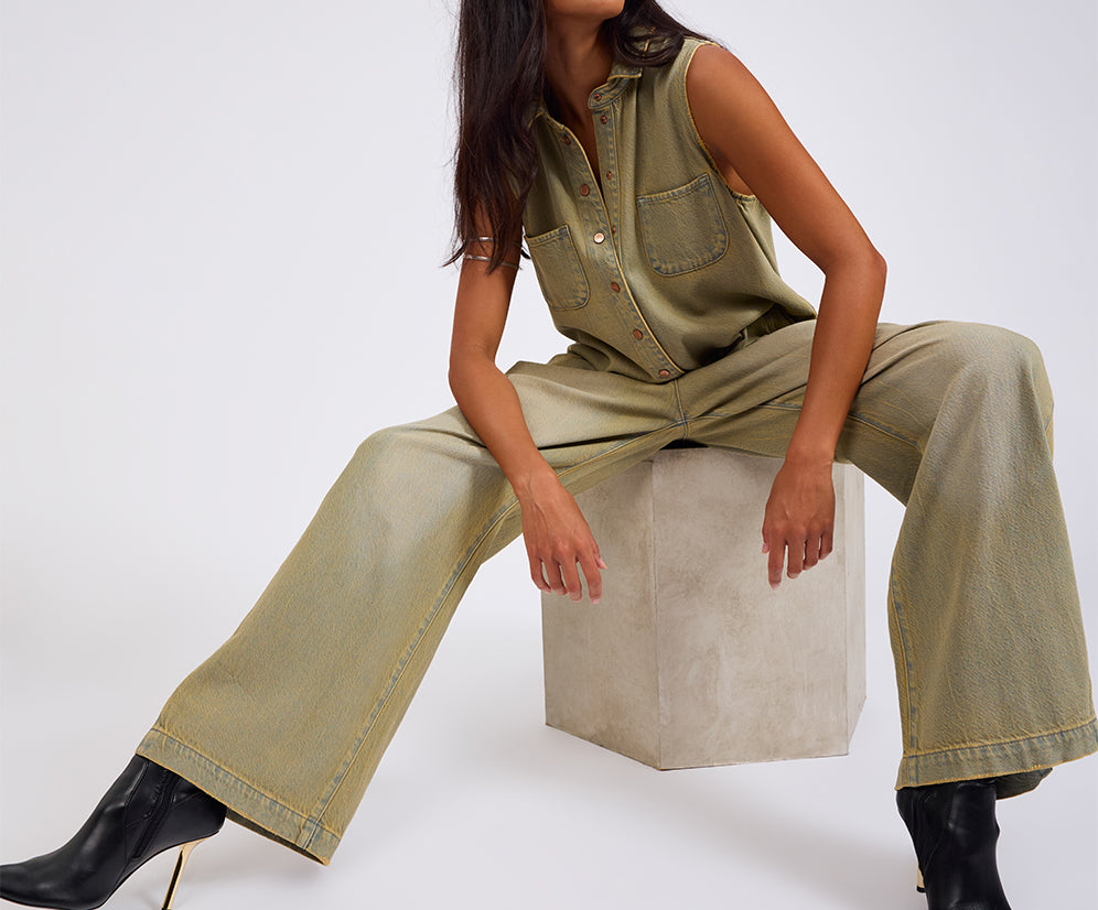 Braxton Wide Leg Long Length Denim Jumpsuit - Warm Khaki