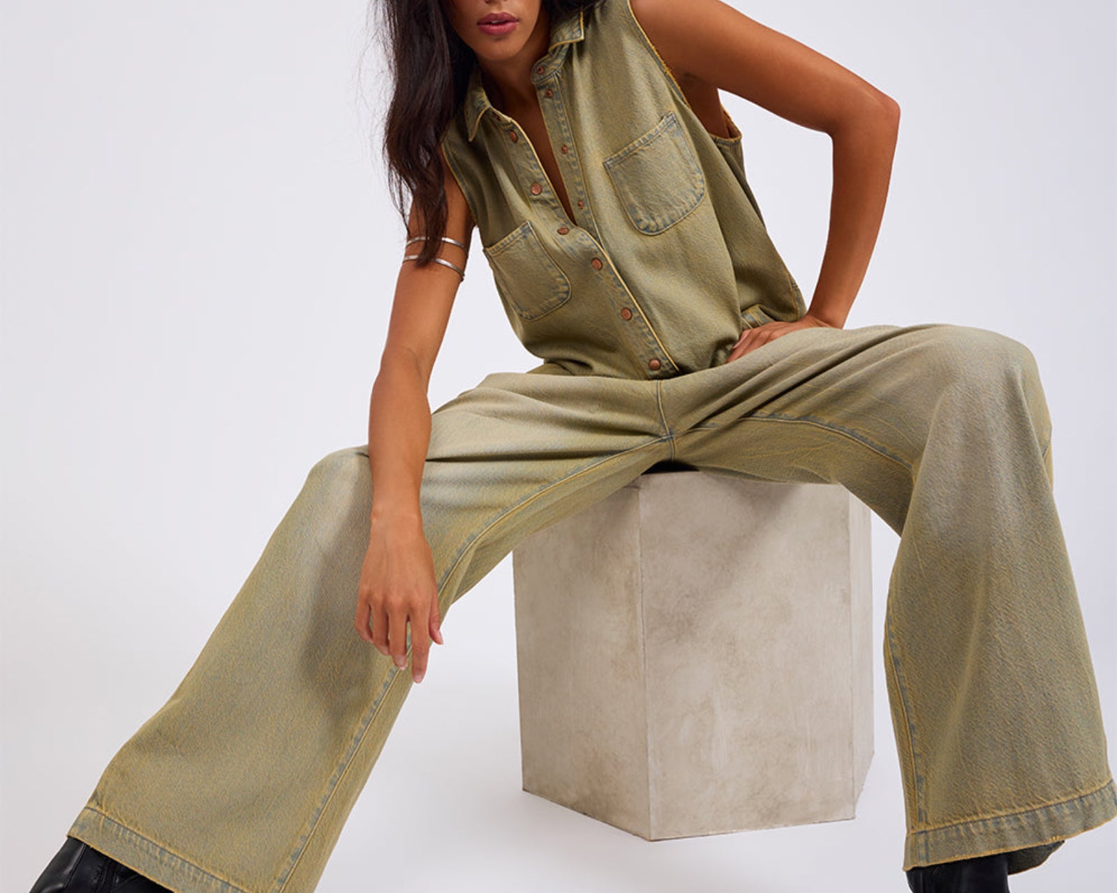 Braxton Wide Leg Long Length Denim Jumpsuit - Warm Khaki