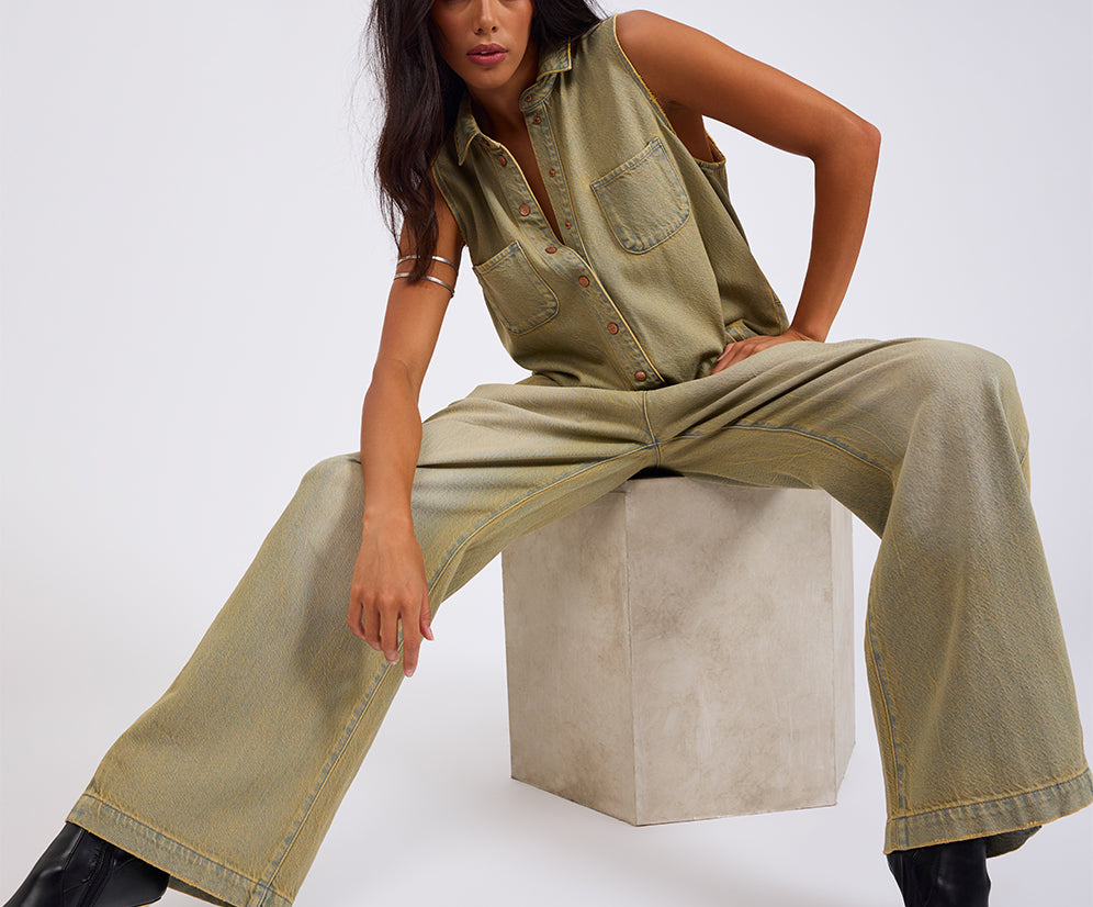 Braxton Wide Leg Long Length Denim Jumpsuit - Warm Khaki
