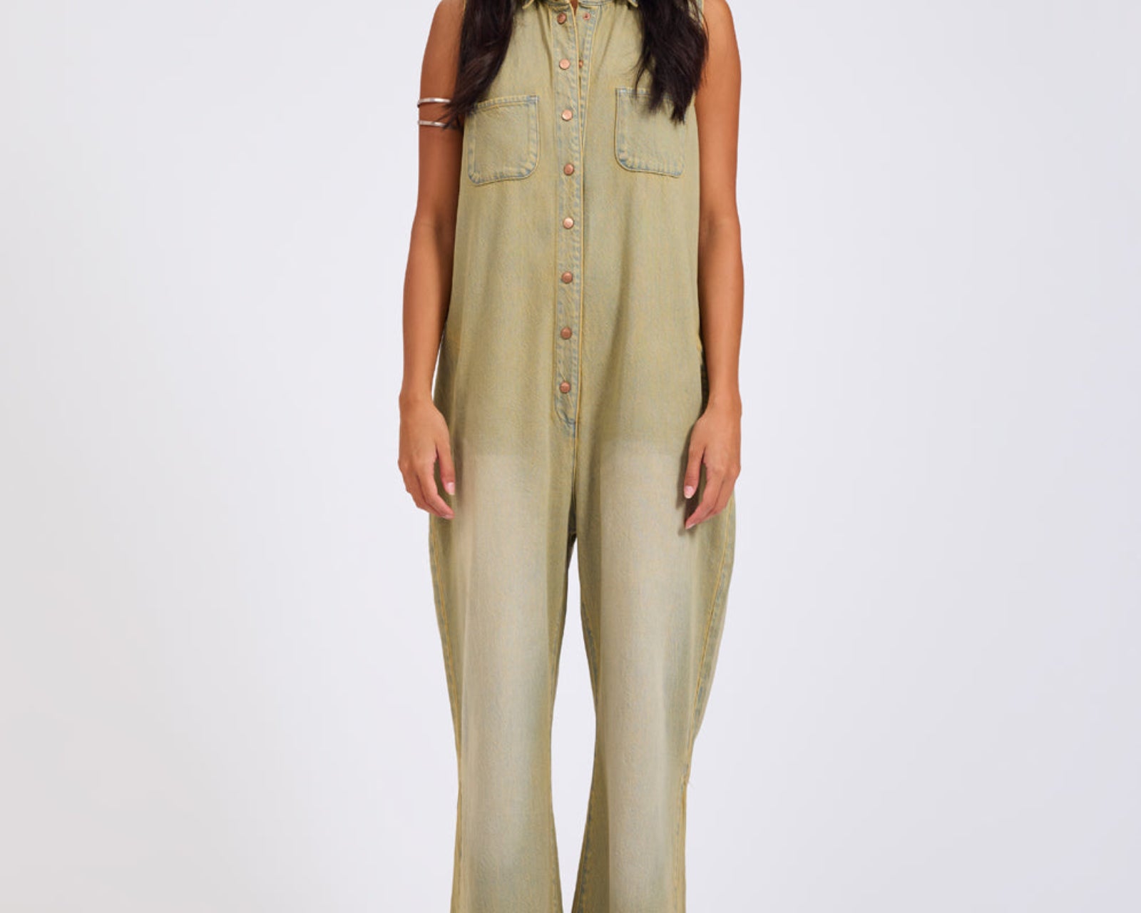 Braxton Wide Leg Long Length Denim Jumpsuit - Warm Khaki