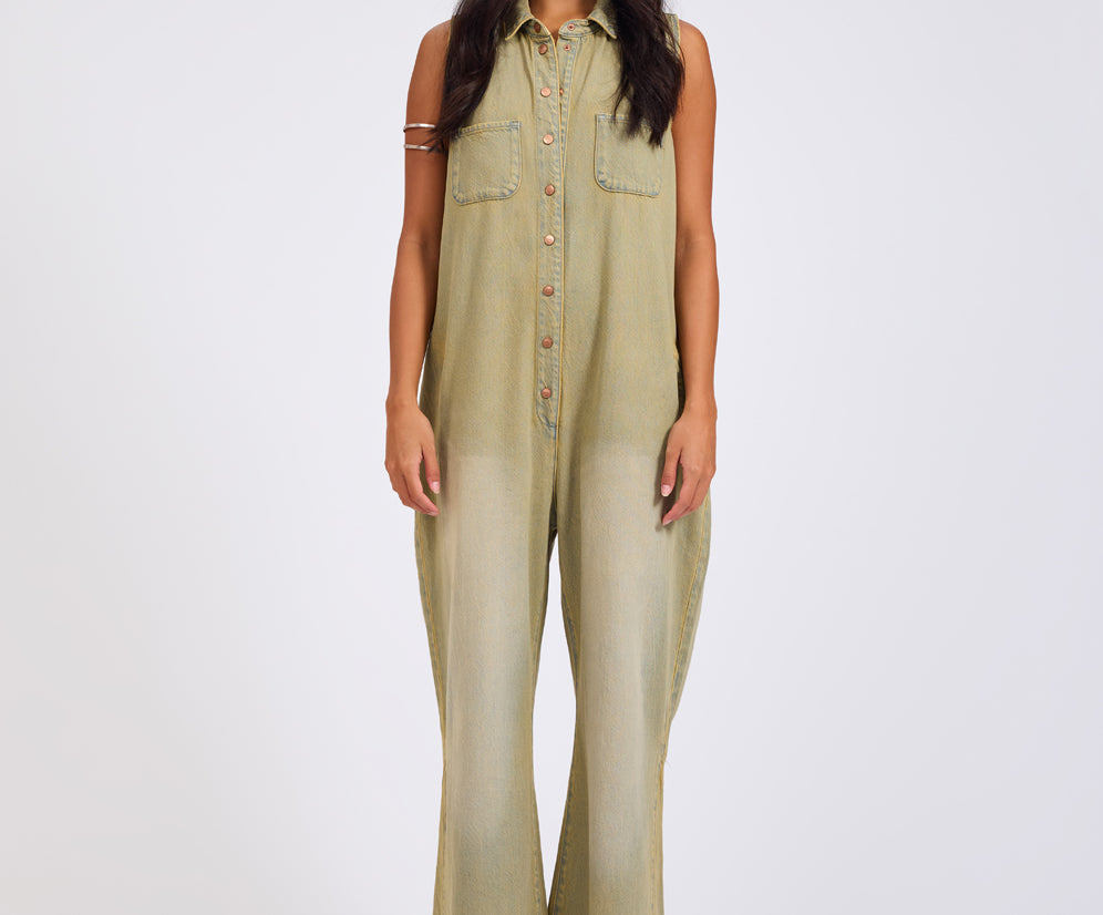 Braxton Wide Leg Long Length Denim Jumpsuit - Warm Khaki