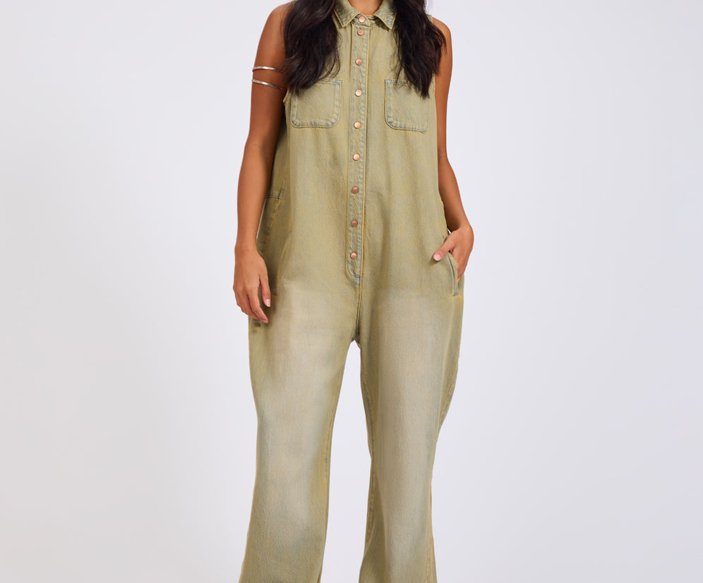 Braxton Wide Leg Long Length Denim Jumpsuit - Warm Khaki